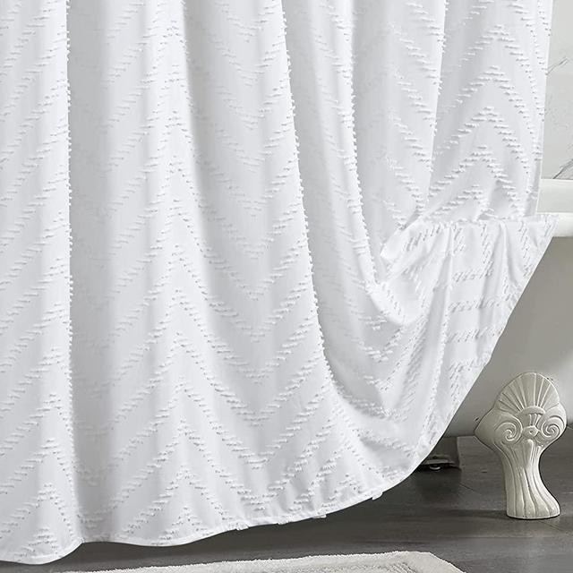 YoKii White Boho Tufted Shower Curtain Set Extra Long 84 Inches, Soft Silky Fabric, Modern Chevron Bohemian Chic Pompom Cute Chenille Decorative Bathroom Shower Curtains Set, Waterproof