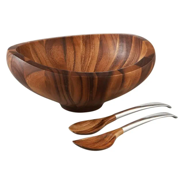 Nambe Butterfly Salad Bowl with Servers, 16-Inch Acacia Wood Bowl with 14-Inch Alloy Servers, Modern Table Centerpiece, Wood & Metal Design