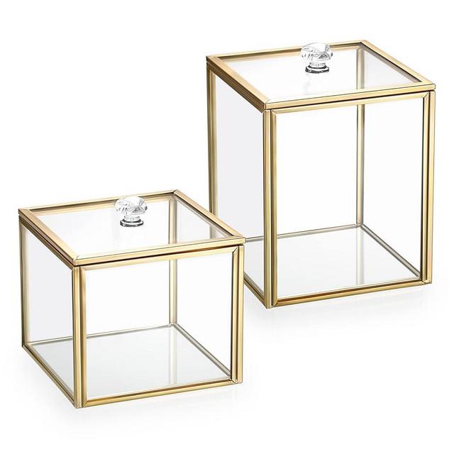 Hipiwe 2 Pack Glass Qtip Holder Dispenser With Lid Gold Bathroom Containers for Cotton Balls Makeup Sponges Bath Salts Candles Vanity Canisters Countertop Storage Organizer Jar