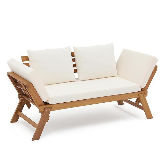 Verano Garden Outdoor Convertible Sofa Daybed, FSC Acacia Wood Patio Couch with Thick Cushion & Pillows for Porch, Backyard, Balcony, Apartment, Sunroom, Cream White