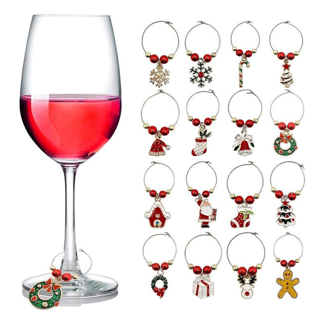 Wine Glass Charms Christmas Themed Wine Glass Markers Tags Identification Wine Charms for Stem Glasses, Wine Drinker Gift Wine Tasting Party Favors Decorations Set of 16