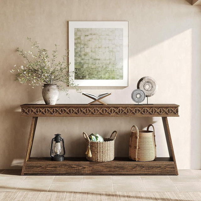 LITTLE TREE 70.87" Long Farmhouse Console Table, 2-Tier Shelf Narrow Accent Entryway Sofa Table for Living Room, Behind Couch, Hallway - Dark Brown