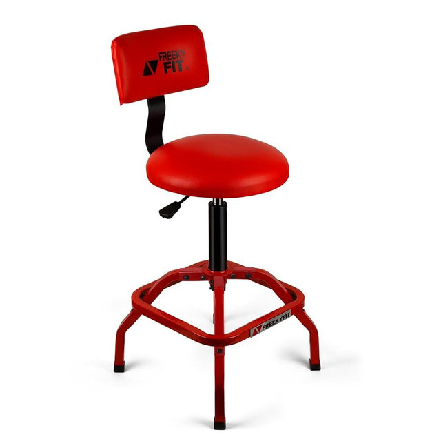 FreekyFit Shop Stool with Backrest, Mechanic Garage Stool for Workshop, Adjustable Shop Stools Chair, Padded Workbench Stools for Men Women, 300 LBS Capacity, 360° Swivel PVC Seat, Heavy Duty, Red