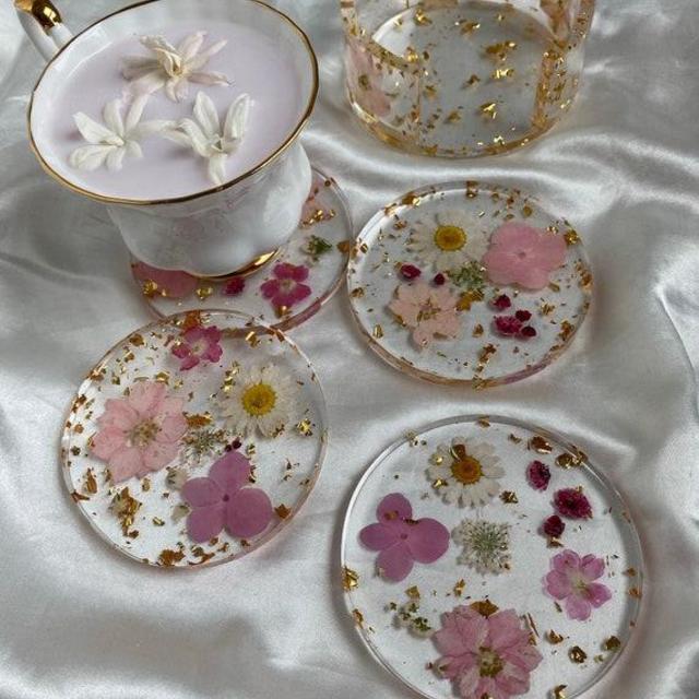 Floral Resin Gold Coasters