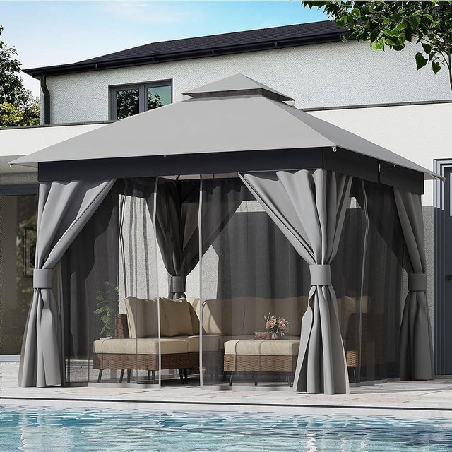 LAUSAINT HOME Outdoor Patio Gazebo 10'x10' with Expansion Bolts, Heavy Duty Gazebos Shelter Party Tent with Double Roofs, Mosquito Nettings and Privacy Screens for Backyard, Garden, Lawn, Smoke Grey