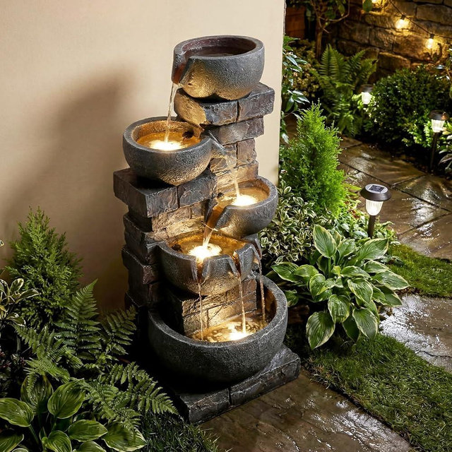 Giantex 33'' Water Fountain Outdoor, 5-Tier Cascading Stacked Stone Bowl Waterfall Fountain with LED Lights & Pump, Outside Water Feature for Patio, Balcony, Deck, Garden, Yard Decor