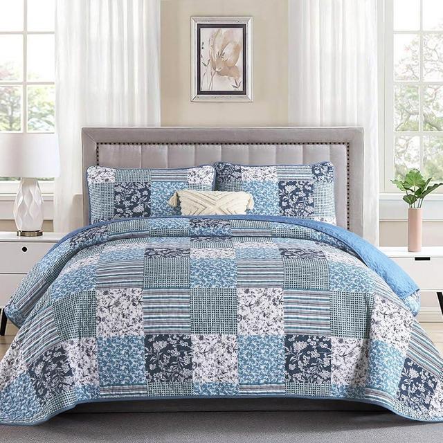 Mybedsoul Navy Blue Quilt Set Queen Size, 3 Pieces Plaid Floral Bedspread Set Patchwork Reversible Bedding Set Microfiber Lightweight Bedspread Coverlet Set for All Season 96"x90"