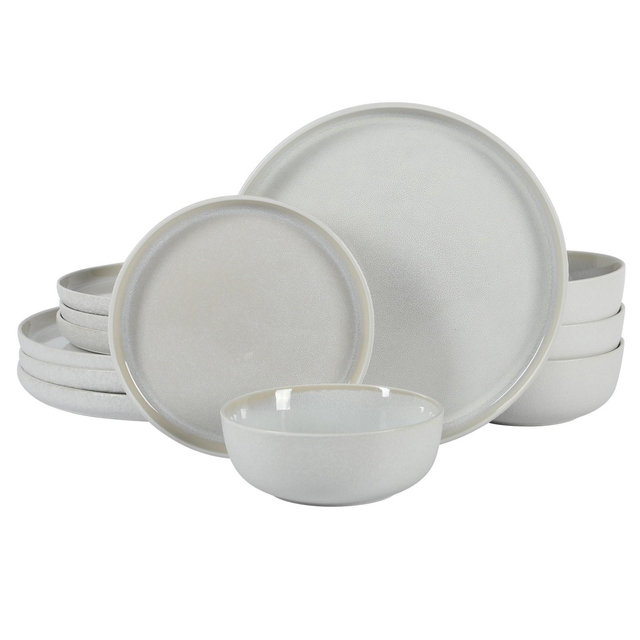 Gibson Elite Tahoe Sunset 12 Piece Stoneware Reactive Glaze Ceramic Plates and Bowls Dinnerware Set - White