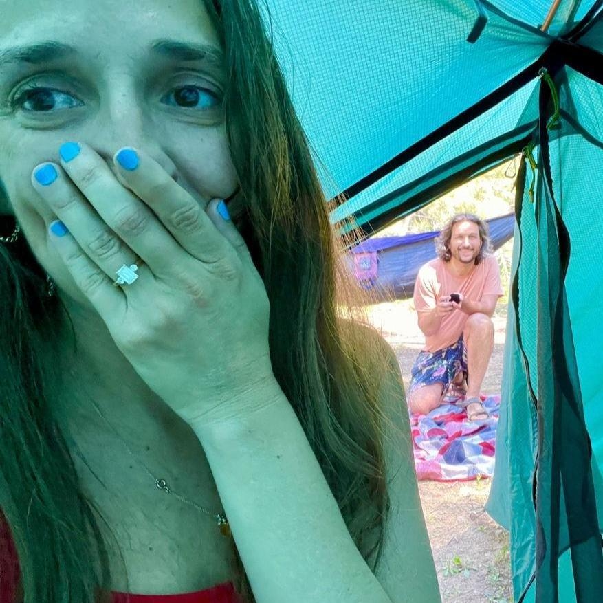 Surprise tent engagement at Fallen Leaf Lake near Tahoe