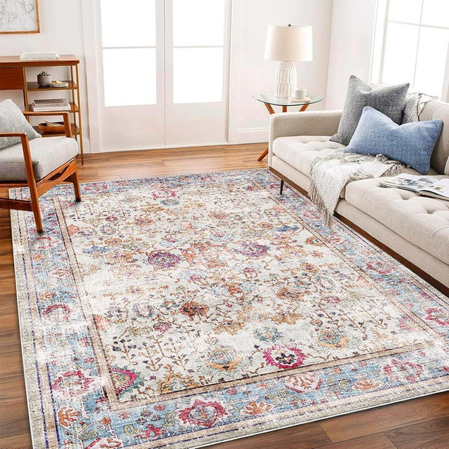 CHAMPLANT Washable Area Rug Vintage 6'x9' Light Traditional Floor Cover Thin Rug Retro Kitchen Indoor Distressed Non Slip Carpet Floral Print Mat Living Room Bedroom Dining Room