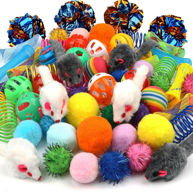 QUOZUO Kitten Toys, 60PCS Cat Balls Springs Toy Set, Cat Mouse Toy, Kitten Sparkle Crinkle Balls Furry Soft Pom Pom