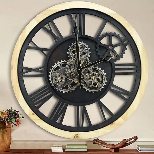 The B-Style 24 inch Large Moving Gears Wall Clock Decorative Farmhouse Wood Wall Clock Vintage Industrial Wall Clock for Living Room Decor Kitchen (Natural Wood)