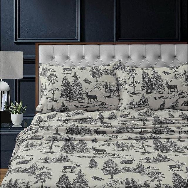 Tribeca Living 100% Cotton Flannel Sheet Set - 200 GSM, Deep Pocket, Ultra Soft & Cozy, Queen, Deer Toile Charcoal