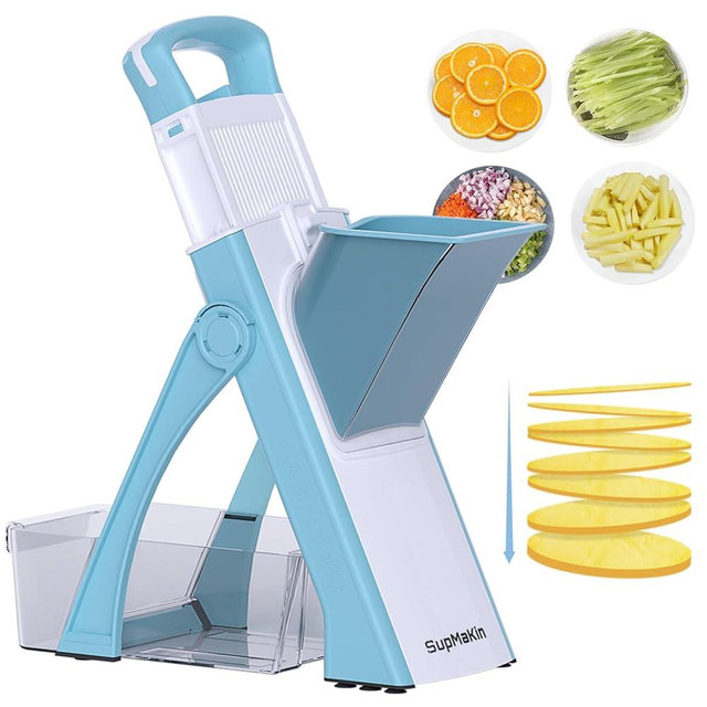 Upgrade Safe Mandoline Slicer Plus for Kitchen, SupMaKin Bigger Port Vegetable Food Potato Chopper, Adjustable Thickness, Julienne & Dicer Salad Making Chopping Artifact (Blue & White)