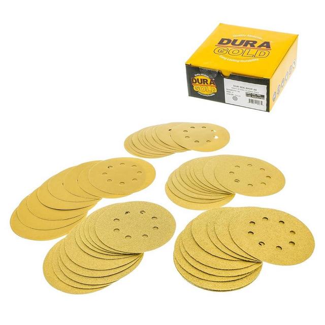 Dura-Gold Premium - Variety Pack - 5" Gold Sanding Discs - 8-Hole Dustless Hook and Loop - 10 Each of Grit (60, 80, 120, 220, 320) - Box of 50 Sandpaper Finishing Discs for Woodworking or Automotive