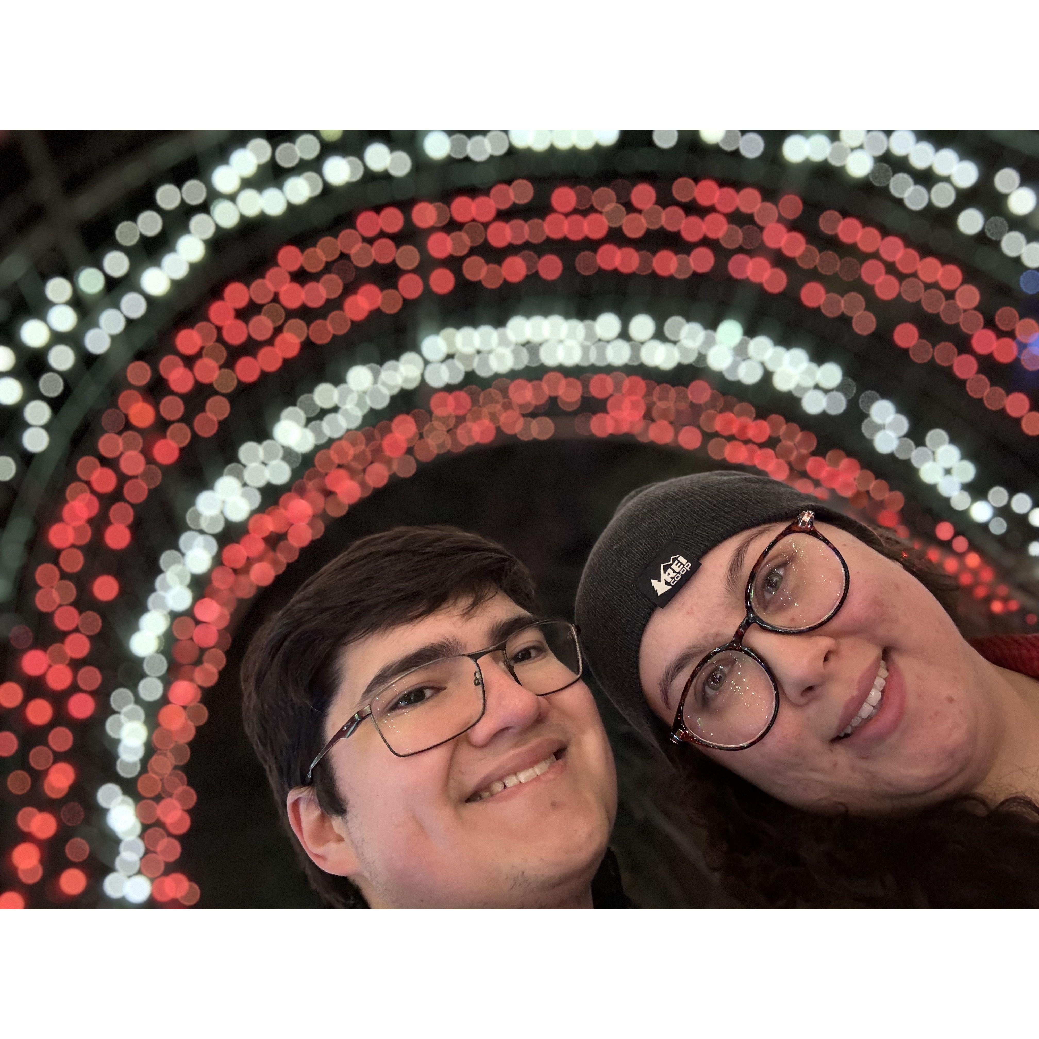 Enjoying Christmas lights in College Station.