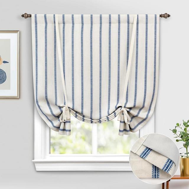 DriftAway Farmhouse Double Layer Linen Blackout Tie Up Curtains Thermal Insulated Vertical Striped Fully Lined Balloon Roman Shade Bathroom Window Adjustable Rod Pocket 45 Inch by 63 Inch Navy