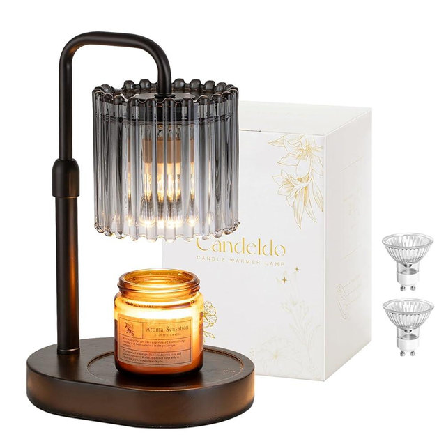 Candeldo Candle Warmer Lamp with Timer: Black Candle Warming Lamp with 2 Bulbs Height Adjustable Wax Melt Dimmable Modern Bedroom Decor for Women
