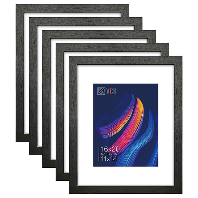 VCK 16x20 Picture Frames Matted to 11x14 Picture Set of 5 Black Wood Photo Frames with Real Glass Desktop and Wall Hanging Poster Frames (Black, 16 x 20)
