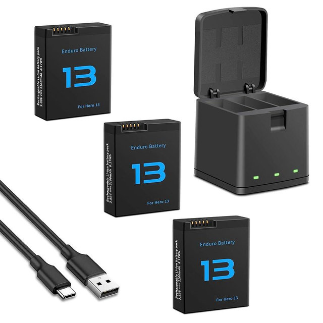 Battery Charger Kits for Hero 13 Black, 3-Pack 2100mAh Replacement Batteries and Triple Charge Case with Type-C Charging Cord for Hero 13 Official Batteries Accessories (3-Pack)
