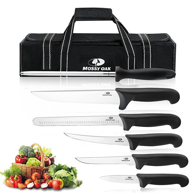 Mossy Oak Outdoor Knife Set - 6 Pieces Chef Knife Set with Roll Bag, Premium Stainless Steel Knives with Ergonomic Handle for BBQ, Camping, Picnic, Travel, and fisherman, Dishwasher Safe