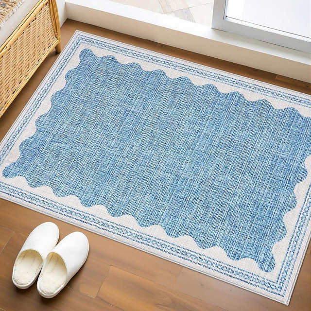 GarveeHome Door Mat Indoor Rugs for Entryway Small Throw Rug 2x3 Washable Non-Slip Solid Blue Modern Minimalism Soft Low-Pile Scalloped Carpet for Bedroom Kitchen Bath Entrance with Rubber Back