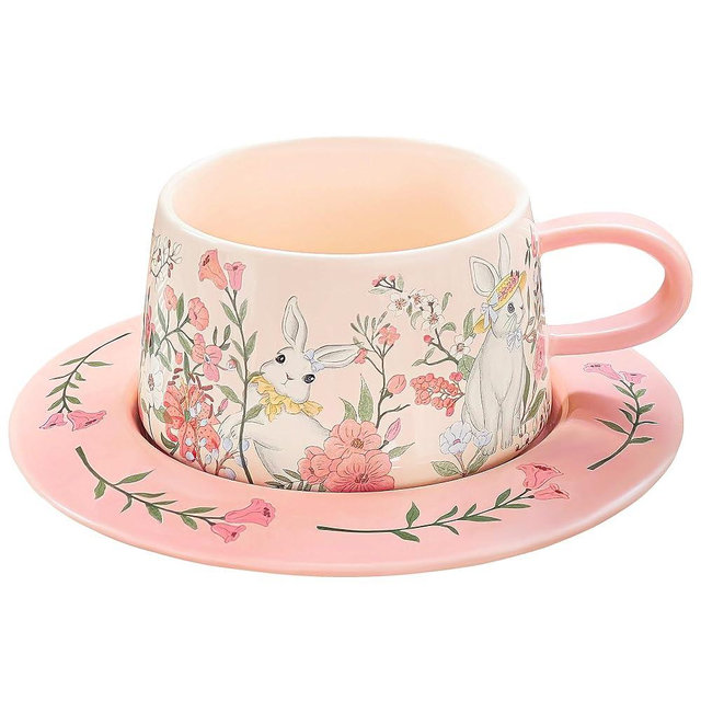 Cute Ceramic Coffee Mug with Saucer Set, 9oz Rabbit Pink Tea Cup with Floral Design, Latte Art Mugs for Coffee Tea Hot Chocolate, Gift for Women, Mom, Friend, Mothers Day Gifts