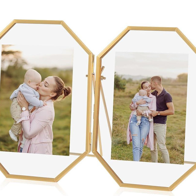 Jajamy 5x7 Gold Floating Picture Frame, Octagon Tempered Glass Floating Frames for 3.5 x 5, 4 x 6 Photo, Tabletop Picture Frame for Office and Home Decor