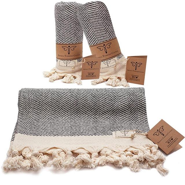 Smyrna Original Turkish Hand Towels Herringbone Series Set of 2 | 100% Cotton, 16 x 40 Inches | Decorative Bathroom Peshtemal Towel for Hand, Face, Hair, Gym, Yoga, Tea, Kitchen and Bath (Gray)