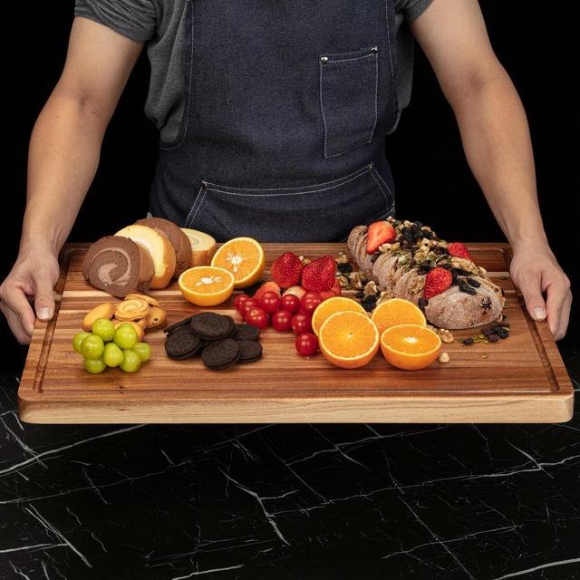 24x18 Large Acacia Wood Cutting Board, Butcher Block Cutting Board with Deep Groove, Chopping Board with Side Handles for Meat, Vegetables and Fruit