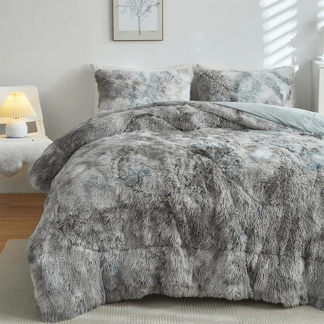 Wajade Faux Fur Plush Tie Dye Grey White Comforter Set Fluffy Fuzzy Shaggy Bedding Set - 3PC King Size Microfiber Soft Warm Quilt Set