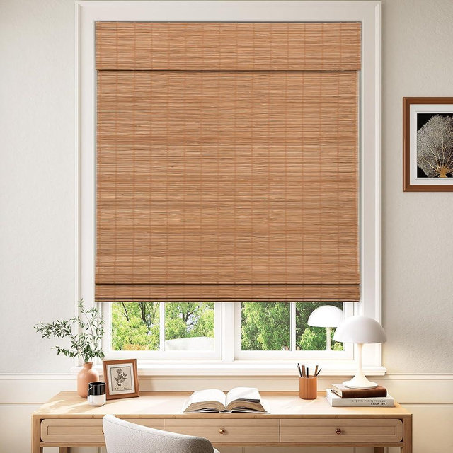 LazBlinds Cordless Blackout Bamboo Roman Shades, Room Darkening Blinds for Interior Windows, Thermal Insulated Roll Up Bamboo Blinds for Home & Patio, 32" W x 64" H, Papara Carbon