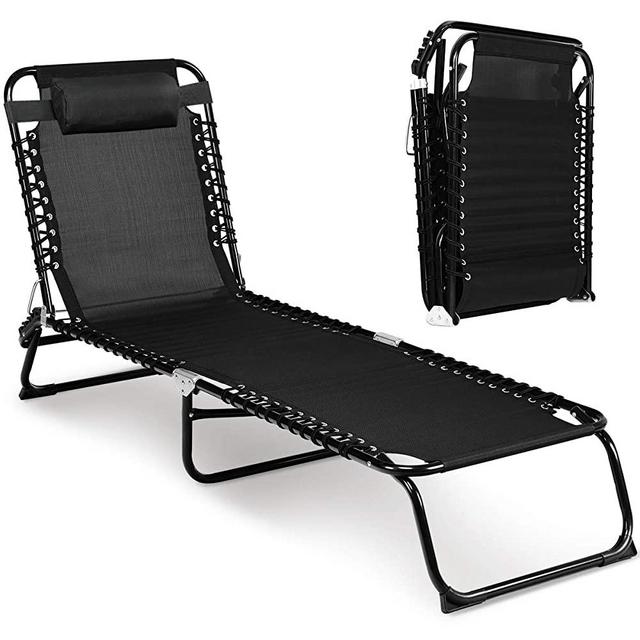 GYMAX Folding Beach Chaise Lounge, 3-Level Adjustable Lounge Chair with Detachable Pillow, Portable Recliner for Backyard, Patio, Poolside, Beach (Black)