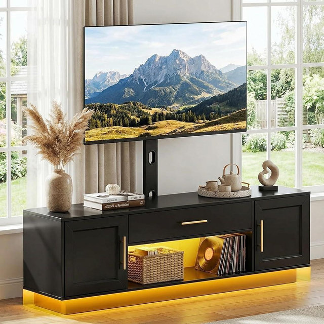 RALGEND 59" Modern TV Stand with Mount and Power Outlet, Swivel TV Stand for 32/55/65/75 inch TVs, Height Adjustable LED Entertainment Center, Media TV Console Table for Living Room, Bedroom, Black