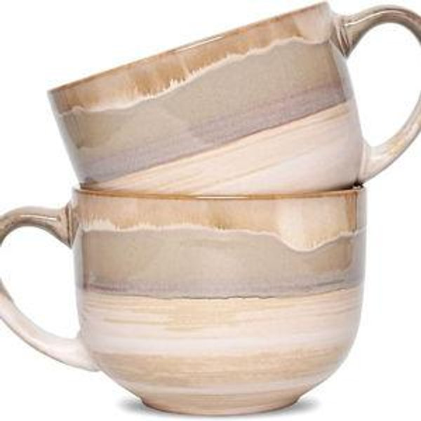 Bosmarlin Large Ceramic Coffee Mug Set of 2, Stoneware Jumbo Latte Mugs for Office and Home, 16 Oz, Dishwasher and Microwave Safe(Brown Grey, 2)