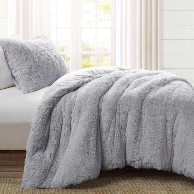 3pc King Emma Faux Fur Comforter Set Light Gray - Lush Décor