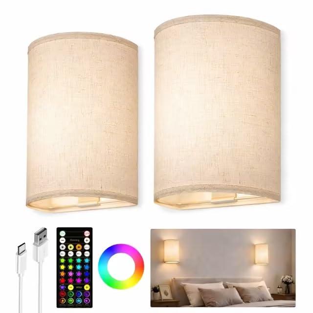 EZVALO Battery Operated Wall Sconce, Rechargeable Wall Sconces Set of Two with Remote, 3 Color & 80 RGB Wireless Wall Lights, Dimmable, Timer, Fabric Linen Shade Wall Decor for Bedroom, Living Room