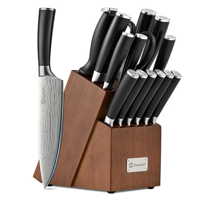 Sunnecko Knife Set with Block and Sharpener, 15 PCS Kitchen Knife Block Set Sharp Kitchen Knives High Carbon Stainless Steel with Black Handles