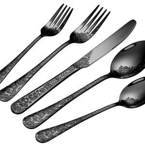 Floral 40 Pcs Black Silverware Set for 8, Food Grade Stainless Steel Flatware Set with Rose Flower Embossed Design, Eating Utensils Sets Include Fork/Knife/Spoon, Reusable Cutlery Set, Dishwasher Safe