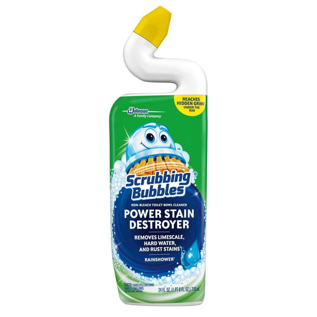 Scrubbing Bubbles Toilet Bowl Cleaner and Power Stain Destroyer, Removes Limescale, Hard Water, and Stains. Extended Neck to ensure Freshness, Rainshower Scent, 24 oz
