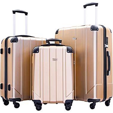 Merax 3 Pcs Luggage Set with Built-in TSA and Reinforced Corners, Eco-friendly P.E.T Light Weight Spinner Suitcase Set (Gold)