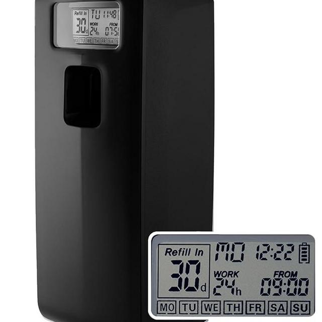 Programmable Commercial Air Freshener for Businesses or Home, Black LCD Automatic Bathroom Air Freshener Spray Dispenser- Schedule by Day, Time Period, Spray Frequency- Plus Days to Refill Countdown