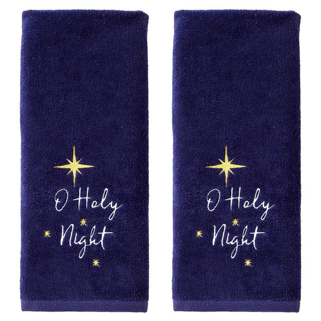 SKL Home Religious/Christmas/Winter O Holy Night Hand Towel 2pc Set for Bath/Kitchen & Gift, Navy