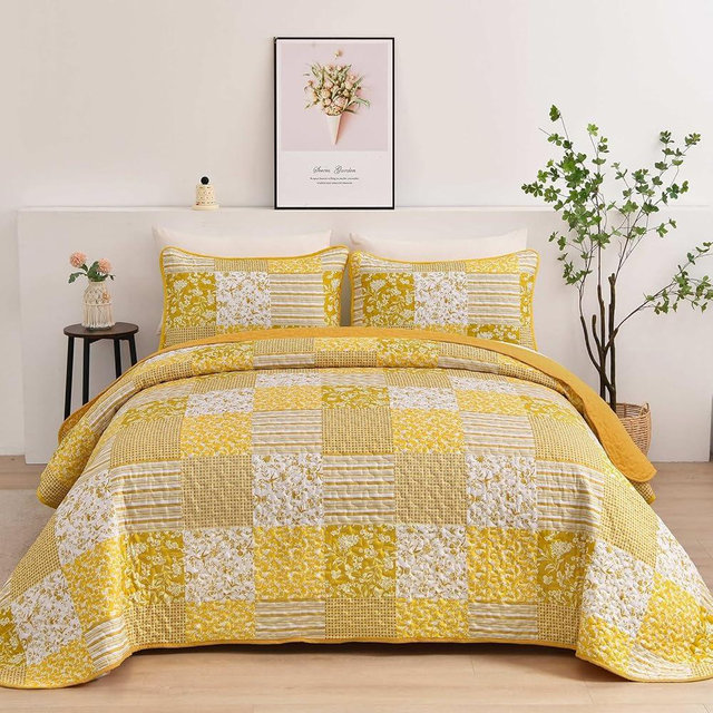 Mybedsoul Yellow Boho Quilt Set King Size,3 Pieces Plaid Floral Bedspread Coverlet Set Summer,Patchwork Reversible Bedding Set King 90"x104"