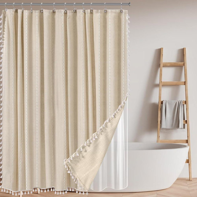 Tingjoo 3 in 1 Boho Farmhouse Linen Shower Curtain Waterproof Clear Fabric Liner Linen Textured Rustic Striped Shower Curtain Set with 12 Pcs Double Hook Rings Tassel for Bathroom Decor(Cream White)