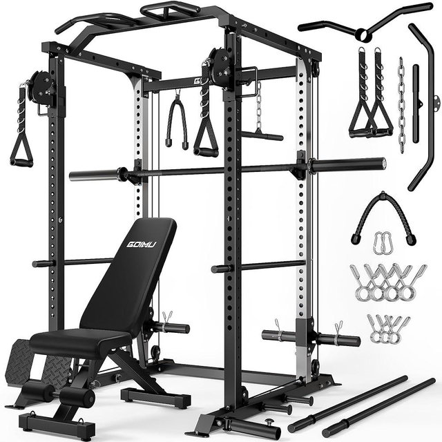 GOIMU DP01 Power Cage, 2000LBS Squat Rack with with Cable Crossover and Dual Independent Pulley System, Full Cage for Full Body Training, Power Rack with More Training Attachments for Home Gym