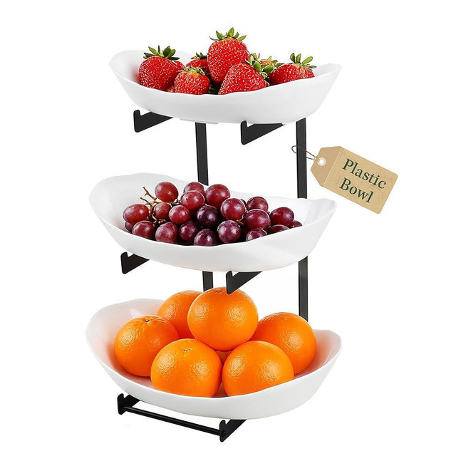 3 Tier Fruit Bowl for Kitchen Counter - Tiered White Fruit Stand, Easy to Assemble & Clean, Sturdy Plastic Fruit Storage Container for Fruits, Vegetables, Snacks, Elegant Serving Bowl for Home & Party