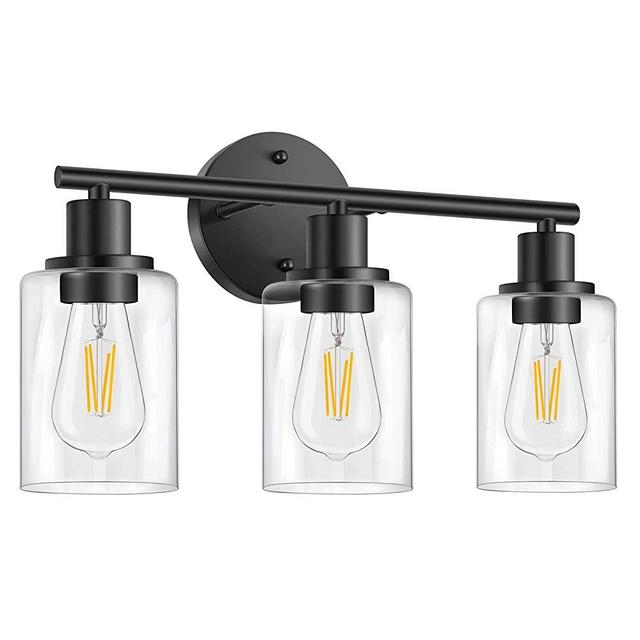 Bathroom Vanity Light Fixtures, 3 Lights Modern Wall Sconce Lighting Matte Black, Farmhouse Metal Wall Lamp with Glass Shade, Porch Wall Mount Light Fixture for Mirror Bedroom Kitchen Hallway Stairs