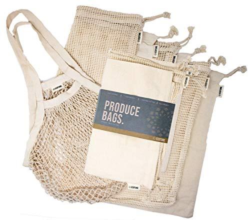 Ecoture Eco Friendly Reusable Produce Bags in Mesh and Muslin for Fruit and Vegetable Storage | Bonus Mesh Grocery Shopping Bag | Lightweight Premium Organic Cotton, Zero-Waste, Washable, See-Through