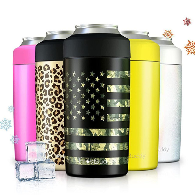 Frost Buddy Universal 2.0 5 Sizes in 1 Insulated Can Cooler - Stainless Steel Can Cooler for 12 oz & 16 oz Regular or Slim Cans & Bottles - Stainless Steel (Camo Flag)